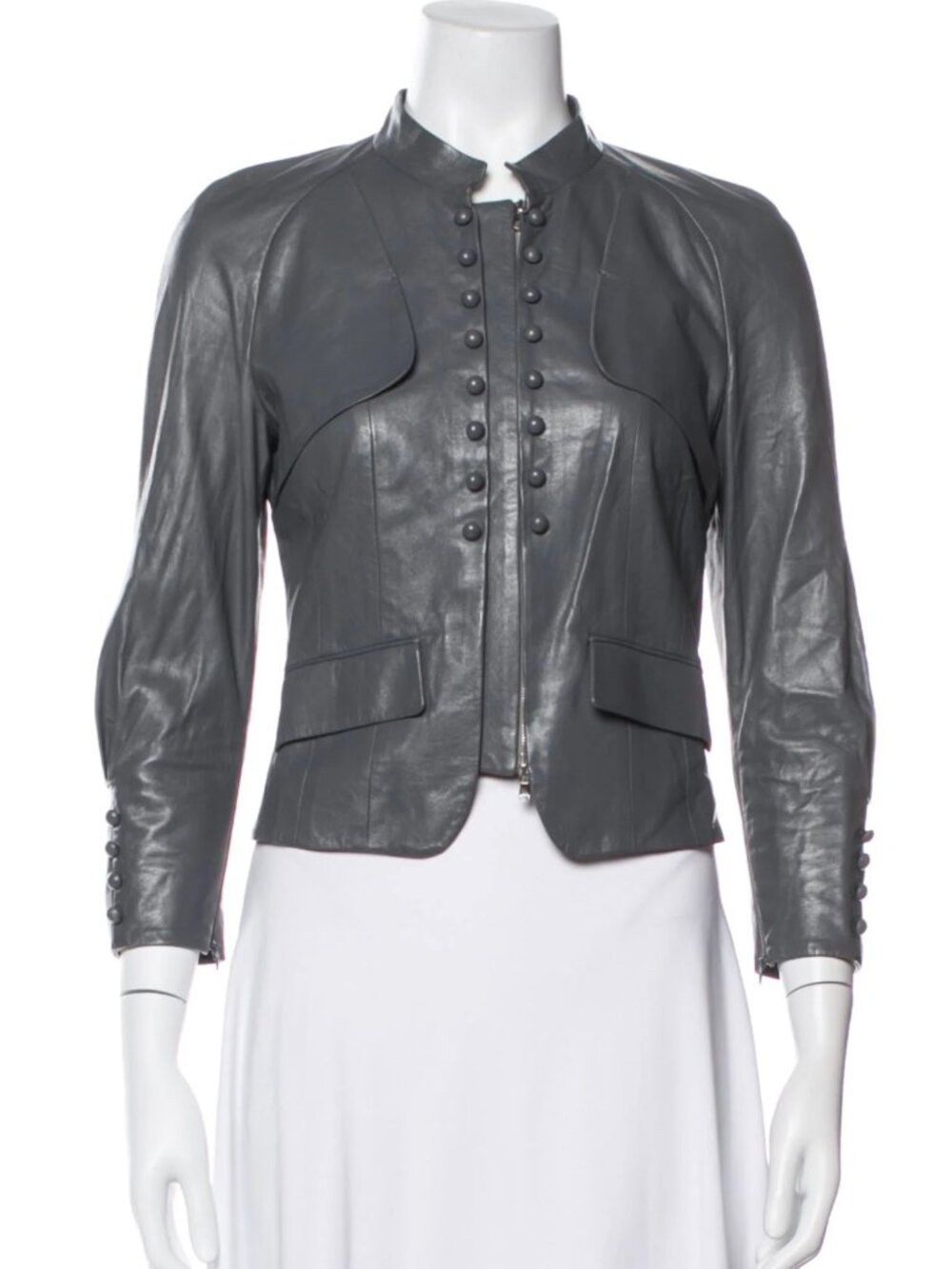 Valentino Grey Lambskin Leather Stand Collar Jacket Size S